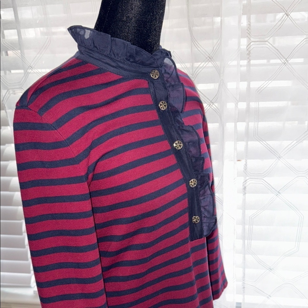 Tory Burch Striped Cotton Shift Dress Red Navy Ruffle Neck Logo Buttons Size S - Picture 5 of 11